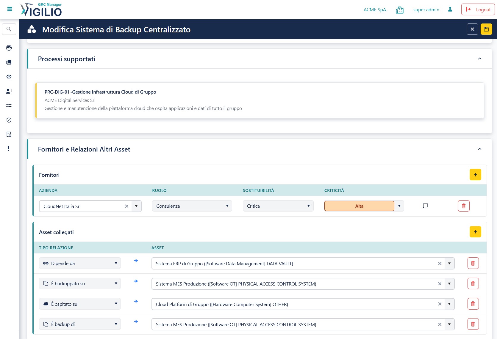 Collegamenti tra un asset e i processi supportati e con altri asset