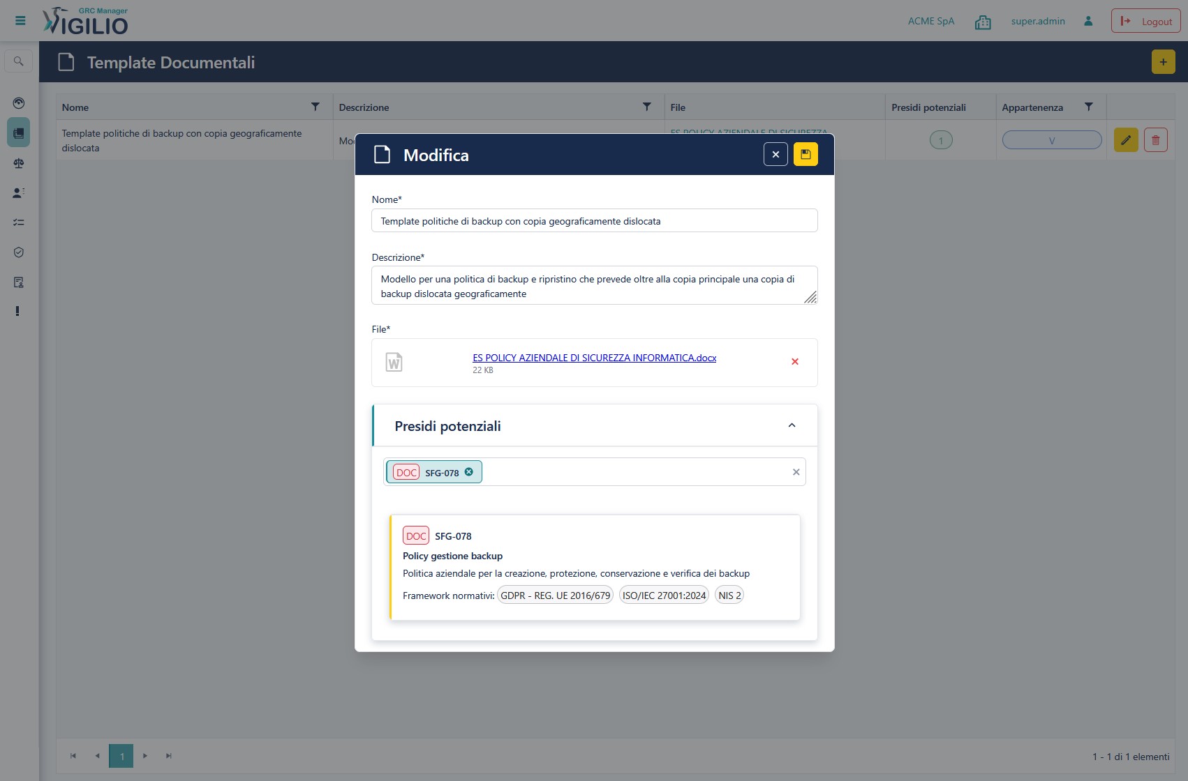 Template documentale di riferimento